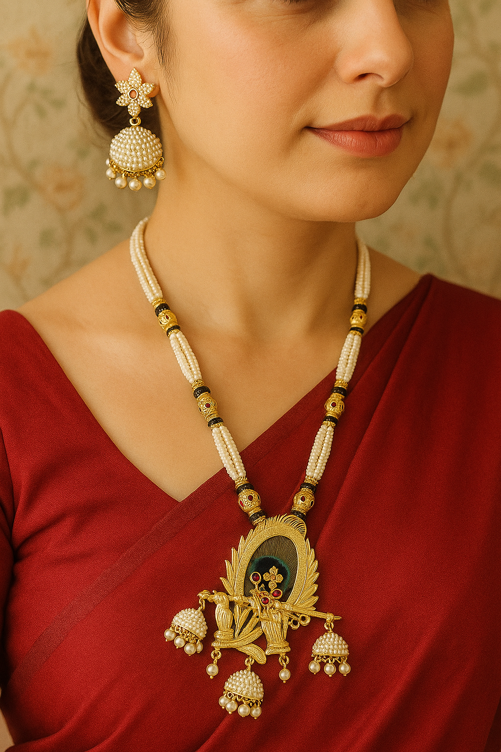 Necklace with krishna flute and original peacock feather