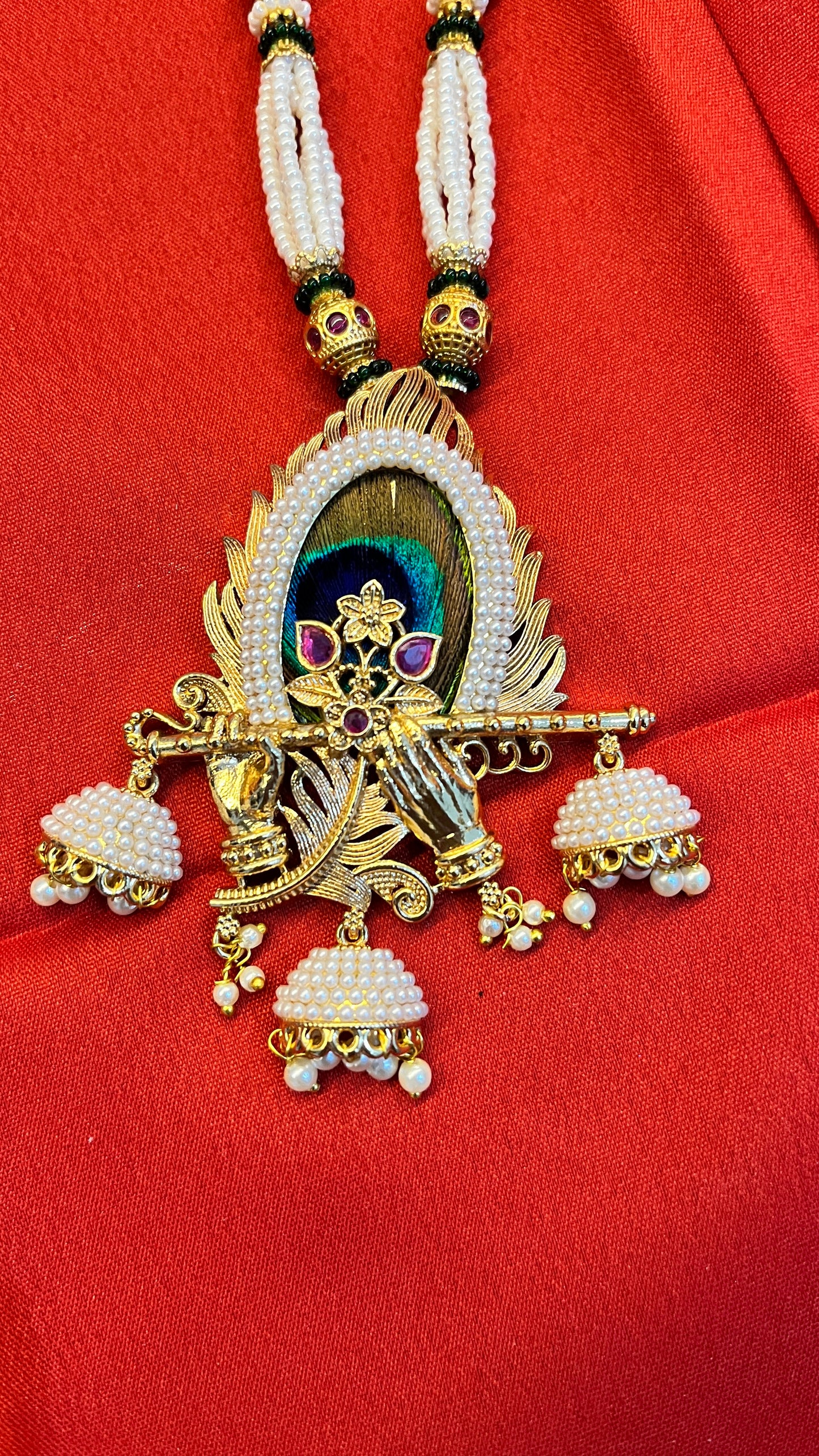 Necklace with krishna flute and original peacock feather