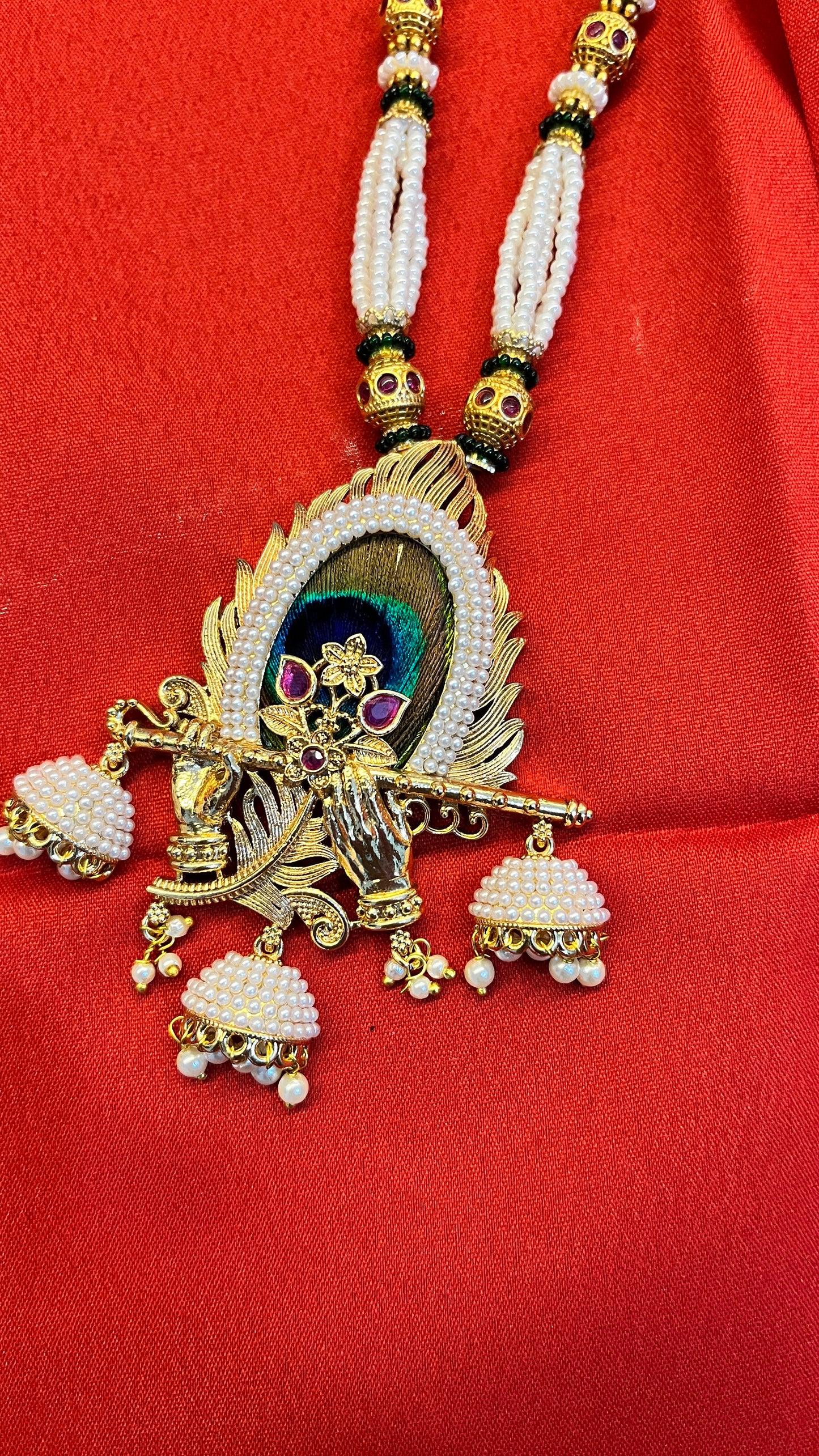 Necklace with krishna flute and original peacock feather